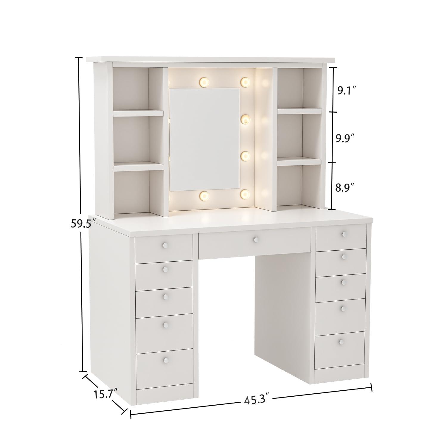 MONTARY Makeup Vanity Desk with Mirror and Lights, Dressing Table , White Vanity Table Set with 6 Drawers & Shelves & 4 Cabinets, 3 LED Lighting Modes Brightness Adjustable