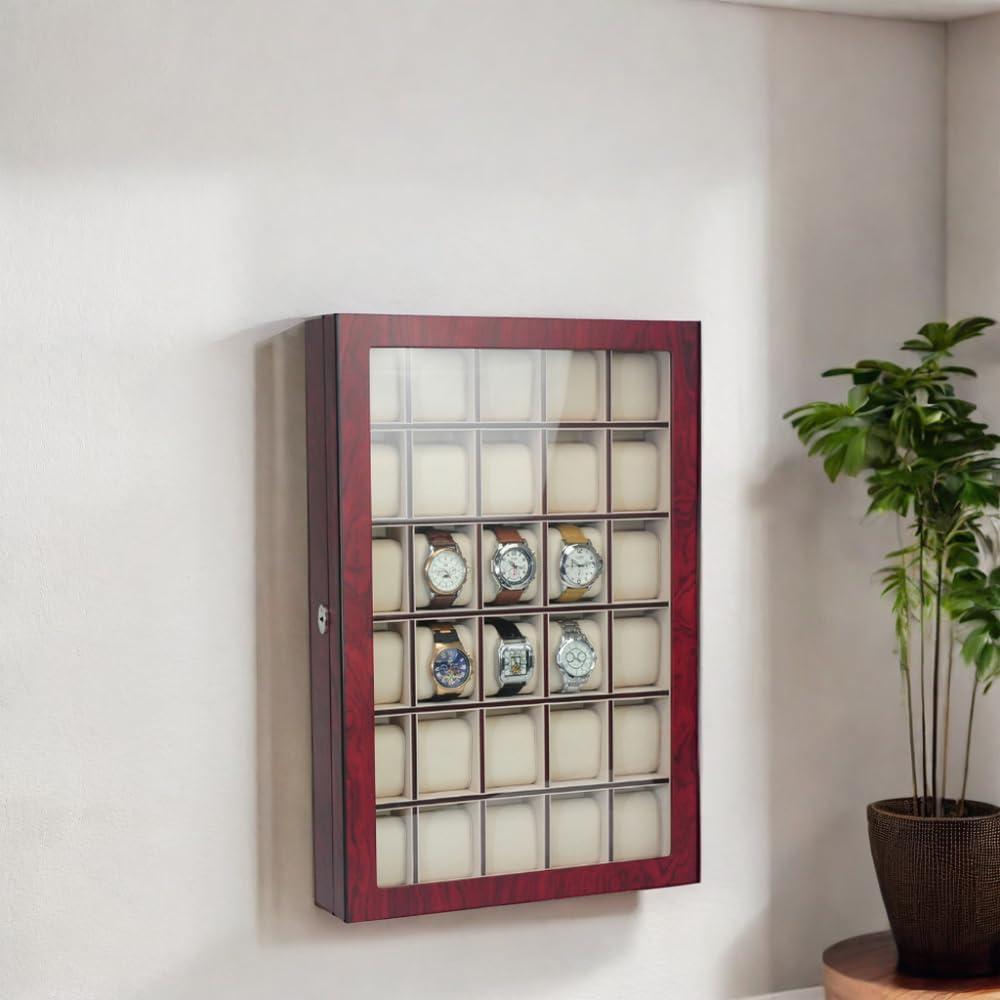Cherry Wood 30-Slot Wall Mounted Watch Display Case