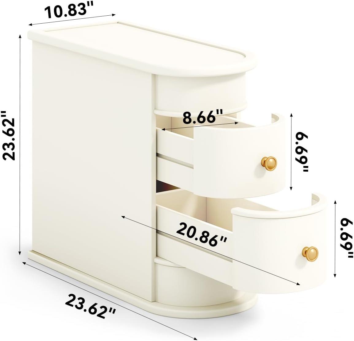 Hommoo Wood Narrow Nightstand with 2 Drawers Off-White