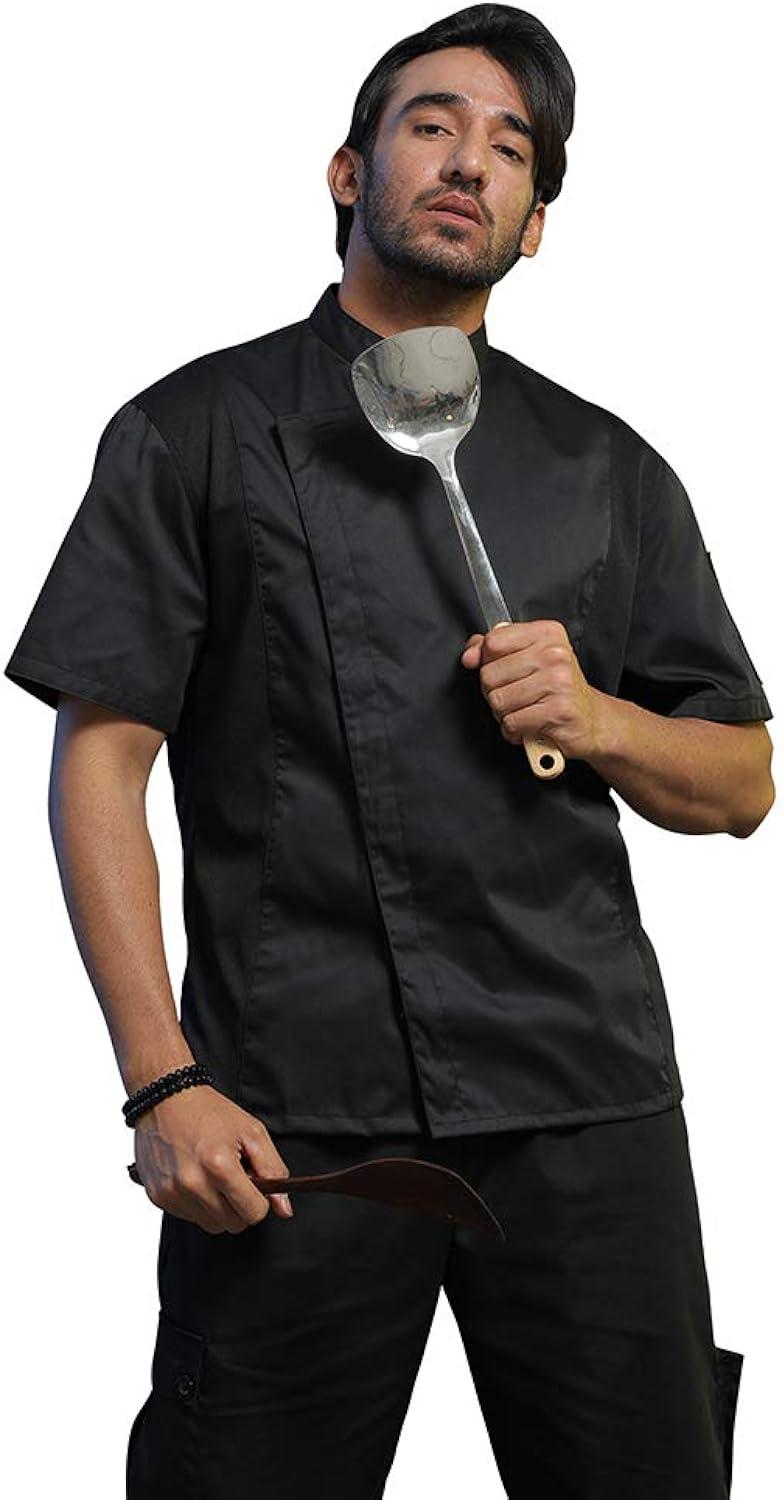 Unisex Black Short Sleeve Chef Coat with Mandarin Collar