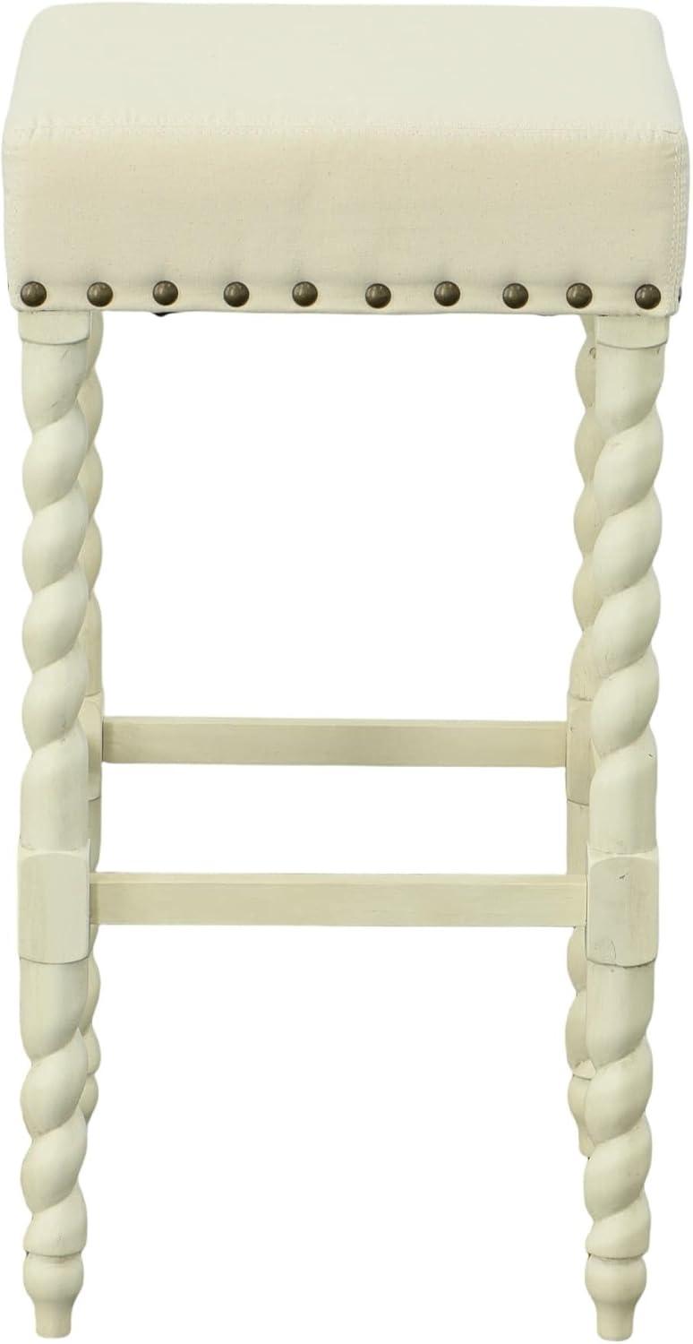 Carolina Chair & Table Flora 30" Bar Stool with Linen Upholstered Seat - Solid Wooden Frame, Twist Turned Legs with Antique Brass Nailhead Trim Accent Stool for Kitchens, Bars (Vintage White)