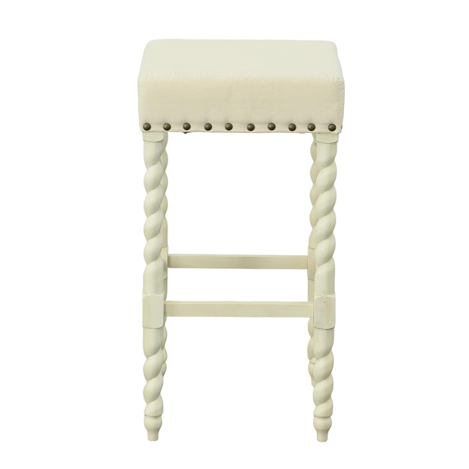 Carolina Chair & Table Flora 30" Bar Stool with Linen Upholstered Seat - Solid Wooden Frame, Twist Turned Legs with Antique Brass Nailhead Trim Accent Stool for Kitchens, Bars (Vintage White)