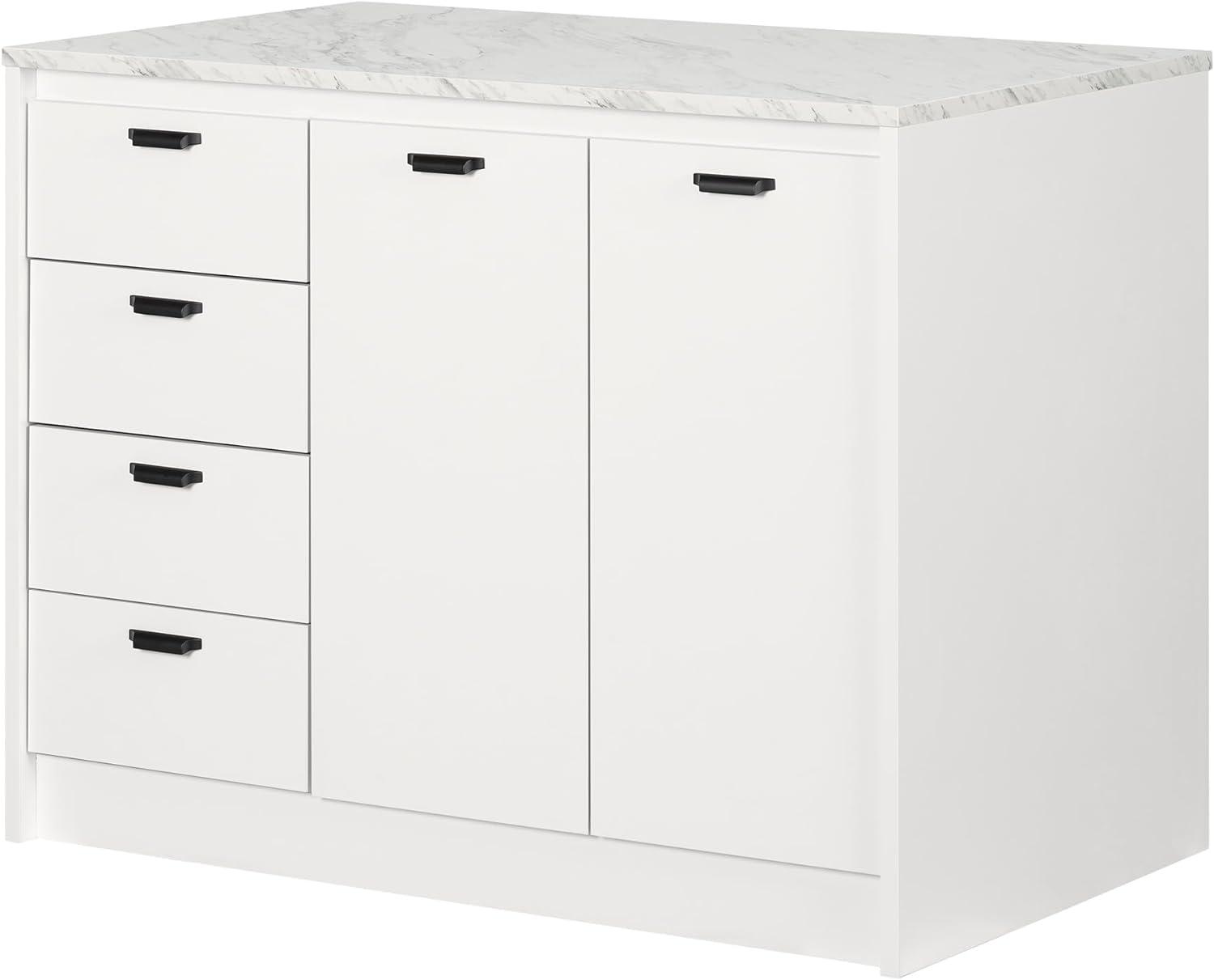 White Marble and White Kitchen Island with Storage and Drawers