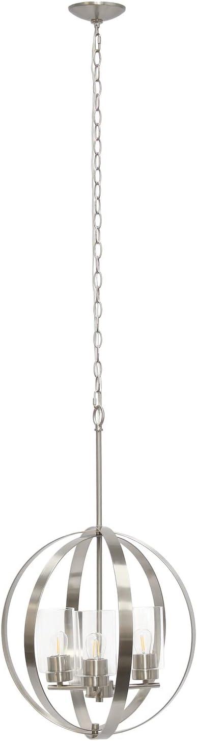 18" Adjustable 3Lt Metal and Clear Glass Hanging Ceiling Pendant Brushed Nickel