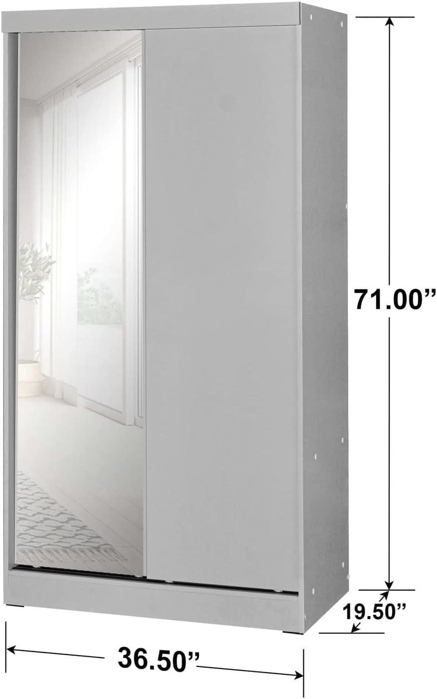 Better Home Products Mirror Wood Double Sliding Door Wardrobe in Light Gray