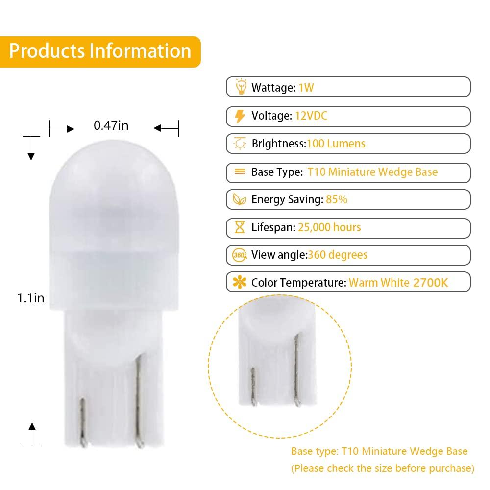 Cheopha T10 T5 Wedge Base LED Bulb 12VDC Landscape Wedge Bulb, 194 168 W5W LED Bulbs for Outdoor Landscape Path Step Deck Lights Cool White 6000k 1W Pack of 6