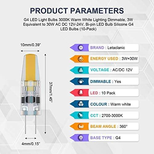 Letaclanic G4 LED Light Bulbs 3000K Warm White Lighting Dimmable, 3W Equivalent to 30W AC DC 12V-24V, Bi-pin LED Bulb Silicone G4 LED Bulbs (10-Pack)