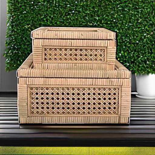 Bayou Breeze Modern Decorative Square Woven Rattan And Wood Display Boxes With Glass Top, Set Of 2 Sizes, Natural Finish | Wayfair