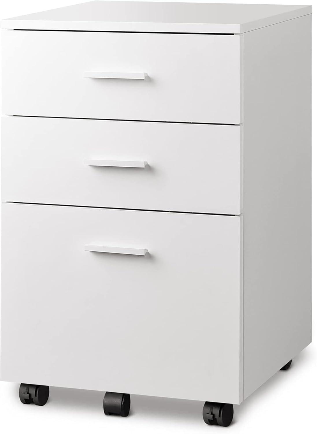 White 3-Drawer Mobile Wood Filing Cabinet with Casters