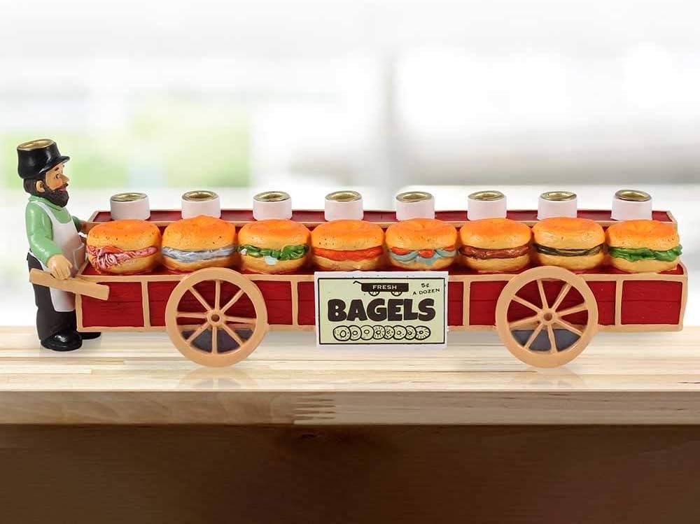 Zion Judaica Bagels and Lox Menorah - Merchant and Sandwiches Cart Collectible Candle Menorah - Fits Standard Size Hanukkah Candles