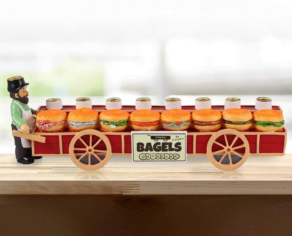 Zion Judaica Bagels and Lox Menorah - Merchant and Sandwiches Cart Collectible Candle Menorah - Fits Standard Size Hanukkah Candles