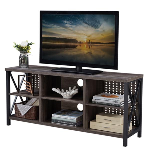IBF TV Stand for 70 Inch TV, Rustic Industrial Entertainment Center, Large Television Stands for Living Bedroom, Long Wood Metal TV Table Stand with Media Console Cabinet Storage, Dark Gray Oak, 59 In