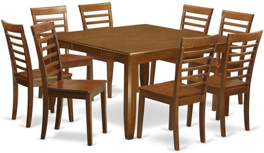 Saddle Brown Square Dining Table Set with 8 Wooden Chairs