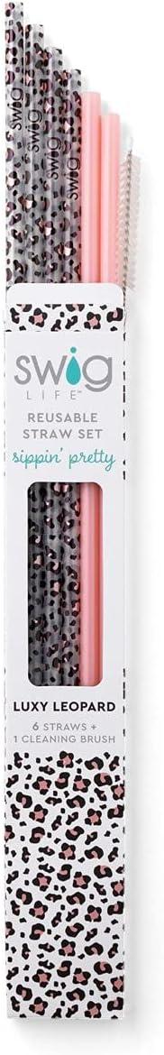 Swig Life Reusable Straws Luxy Leopard + Blush Reusable Straw Set + Cleaning Brush, Each Straw is 10.25 inch Long (Fits Swig Life 20oz Tumblers, 22oz Tumblers, and 32oz Tumblers)