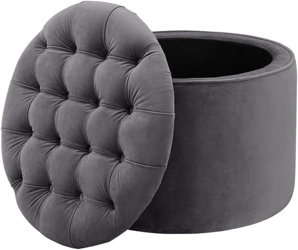 Queen Round Tufted Seat Grey Velvet Storage Ottoman by TOV Furniture