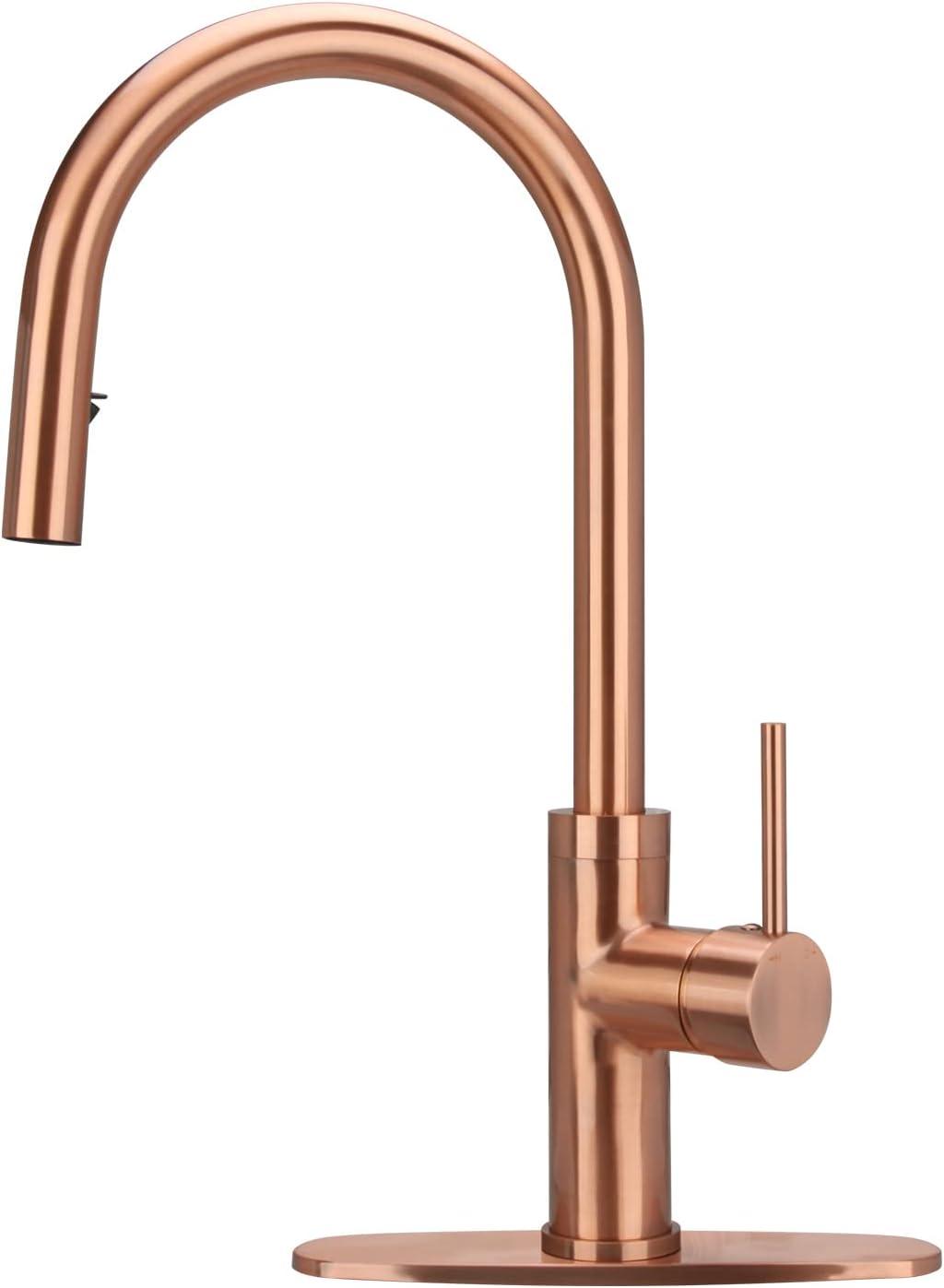 Single-Handle Pull Down Sprayer Kitchen Faucet with Deckplate in Copper