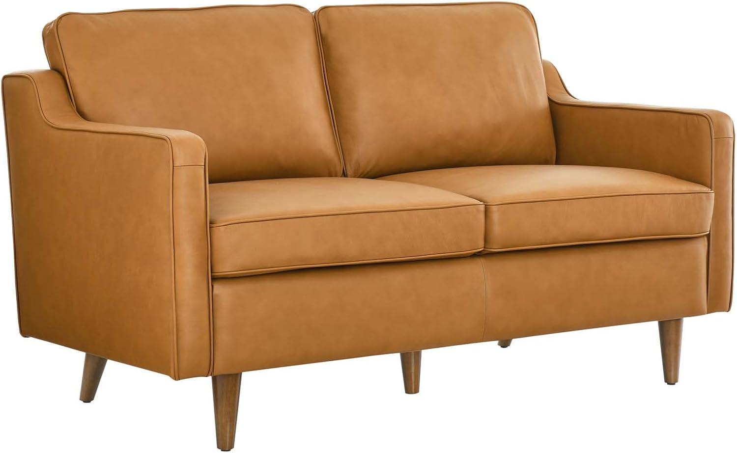 Tan Genuine Leather Loveseat with Walnut Wood Legs