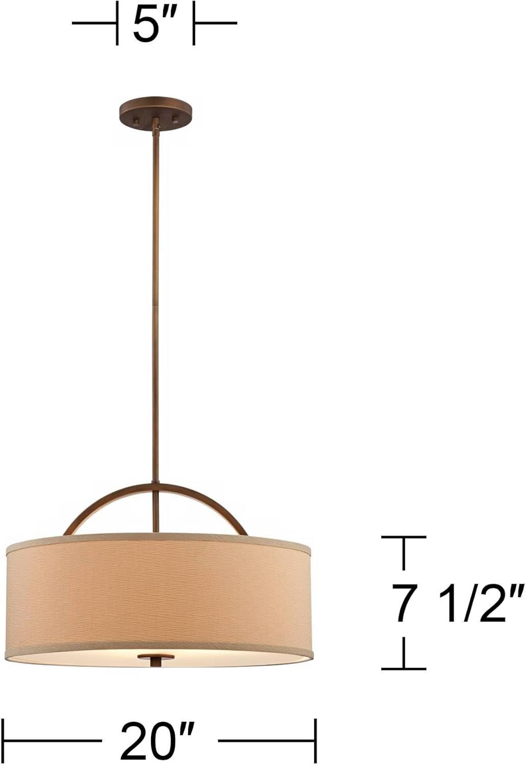 Possini Euro Design Brushed Bronze Drum Pendant Chandelier 20" Wide Modern Sand Stone Linen Shade Fixture for Dining Room House