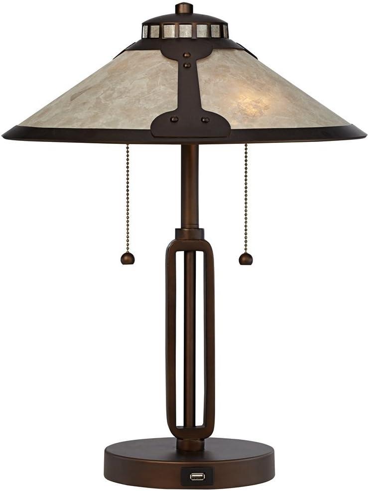 Franklin Iron Works Samuel Industrial Desk Lamp 20" High Rubbed Bronze with USB Charging Port Natural Mica Shade for Bedroom Living Room Bedside Desk