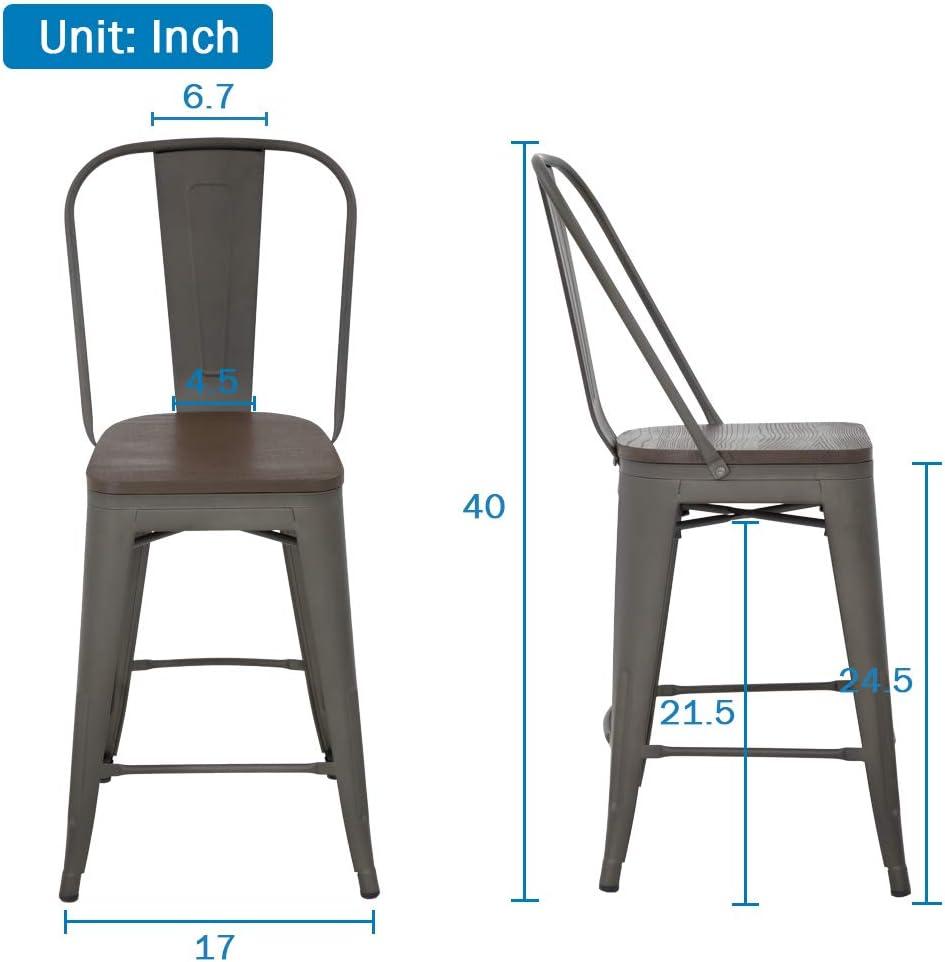 YRLLENSDAN Modern Bar Stool Set of 4 Counter Height Barstool with Back 24 Inches Seat Height Industrial Bar Chairs Indoor Outdoor Metal Kitchen Stools Restaurant Patio Stool Stackable, Bronze