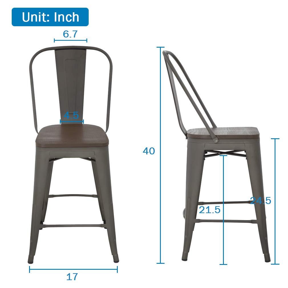 YRLLENSDAN Modern Bar Stool Set of 4 Counter Height Barstool with Back 24 Inches Seat Height Industrial Bar Chairs Indoor Outdoor Metal Kitchen Stools Restaurant Patio Stool Stackable, Bronze