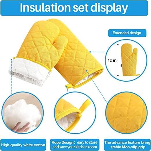 Oven Mitts and Pot Holders 4 pcs Set,High Heat Resistant 500 Degree Extra Thicken Long Kitchen Cotton Oven Glove for Cooking (12 Inch,Yellow) C49