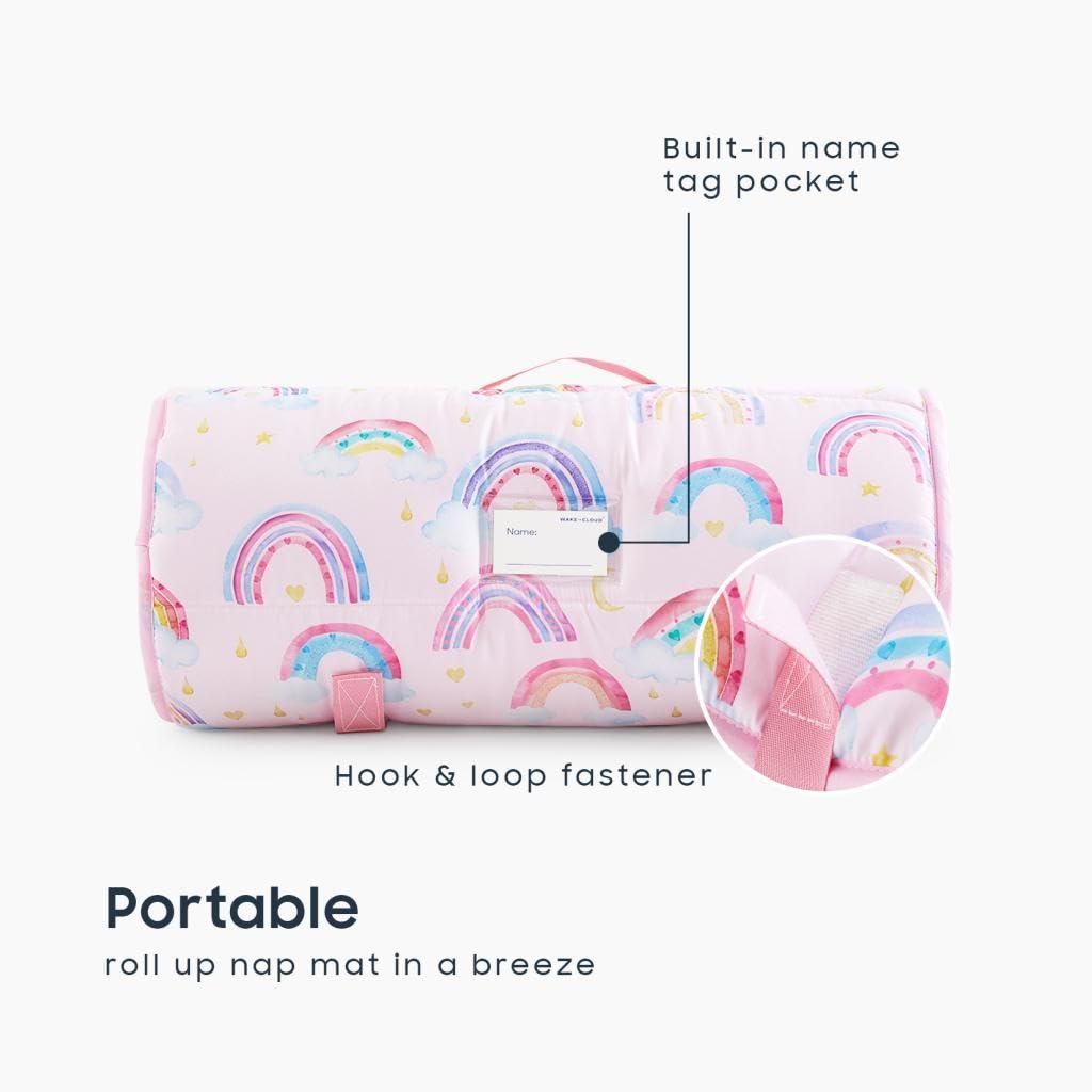 Wake In Cloud - Toddler Nap Mat with Pillow and Blanket, for Kids Girls in Kindergarten Daycare Preschool Pre K, Roll Up Sleeping Bag, Colorful Rainbows, Light Pink, Standard