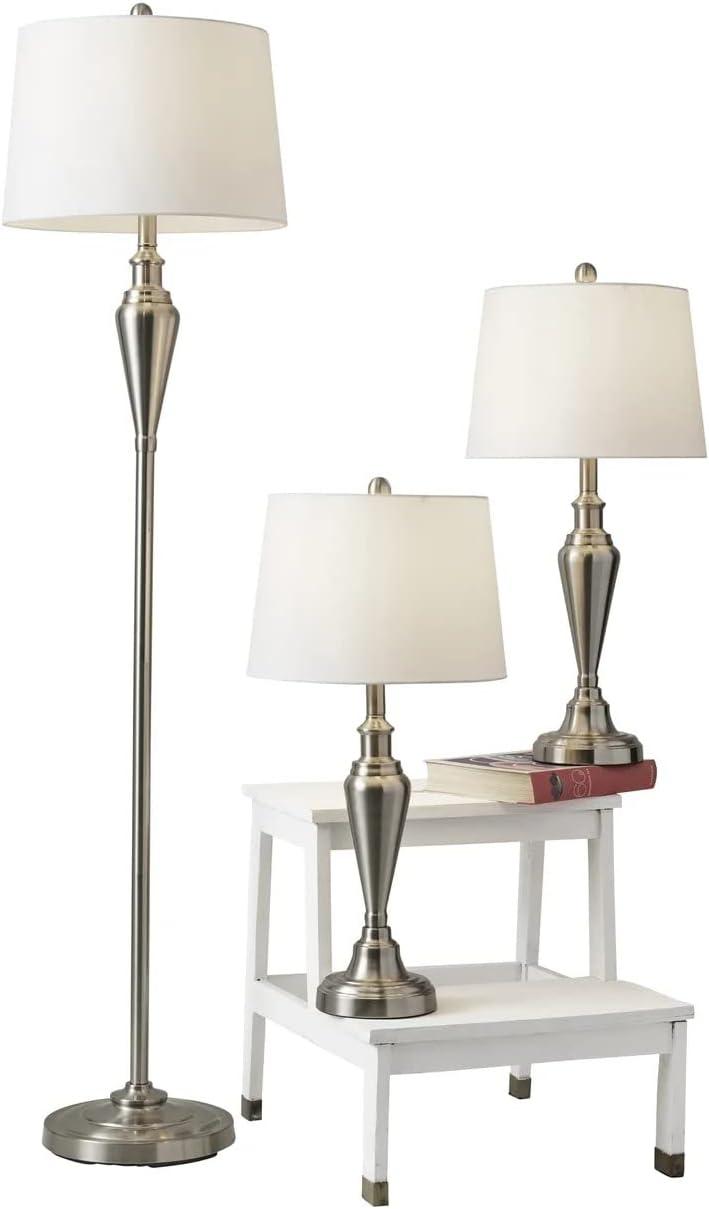 (Set of 3) Glendale Lamp Set Brushed Steel - Adesso: Antique Brass Finish, Polyester Shades, UL Listed