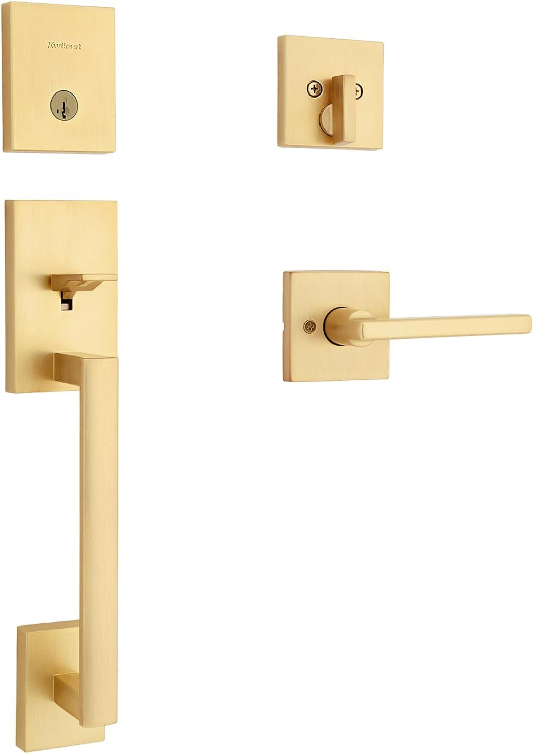 Satin Brass Modern Entry Handleset with Deadbolt