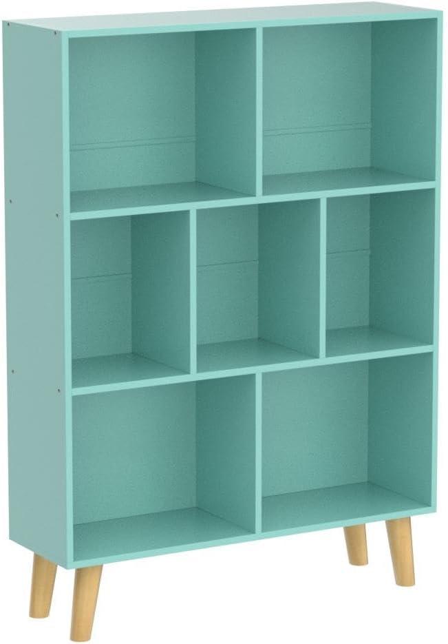 Satiny 7 Cube Bookshelf 3-Tier Bookcase with Legs, Mint-Green Kids Book Shelf Cute Storage Organizer, Toy Shelves Bookshelves,Wood Display Bookcases
