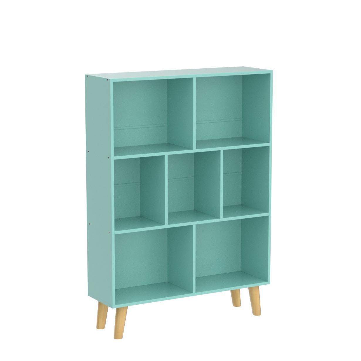 Satiny 7 Cube Bookshelf 3-Tier Bookcase with Legs, Mint-Green Kids Book Shelf Cute Storage Organizer, Toy Shelves Bookshelves,Wood Display Bookcases