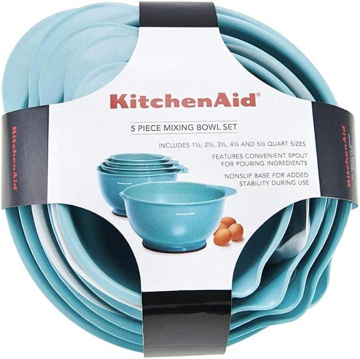 KitchenAid Set of 5 Mixing Bowls Aqua Sky: Plastic Nesting Bowls, Easy-Pour Spout, Dishwasher-Safe, BPA-Free