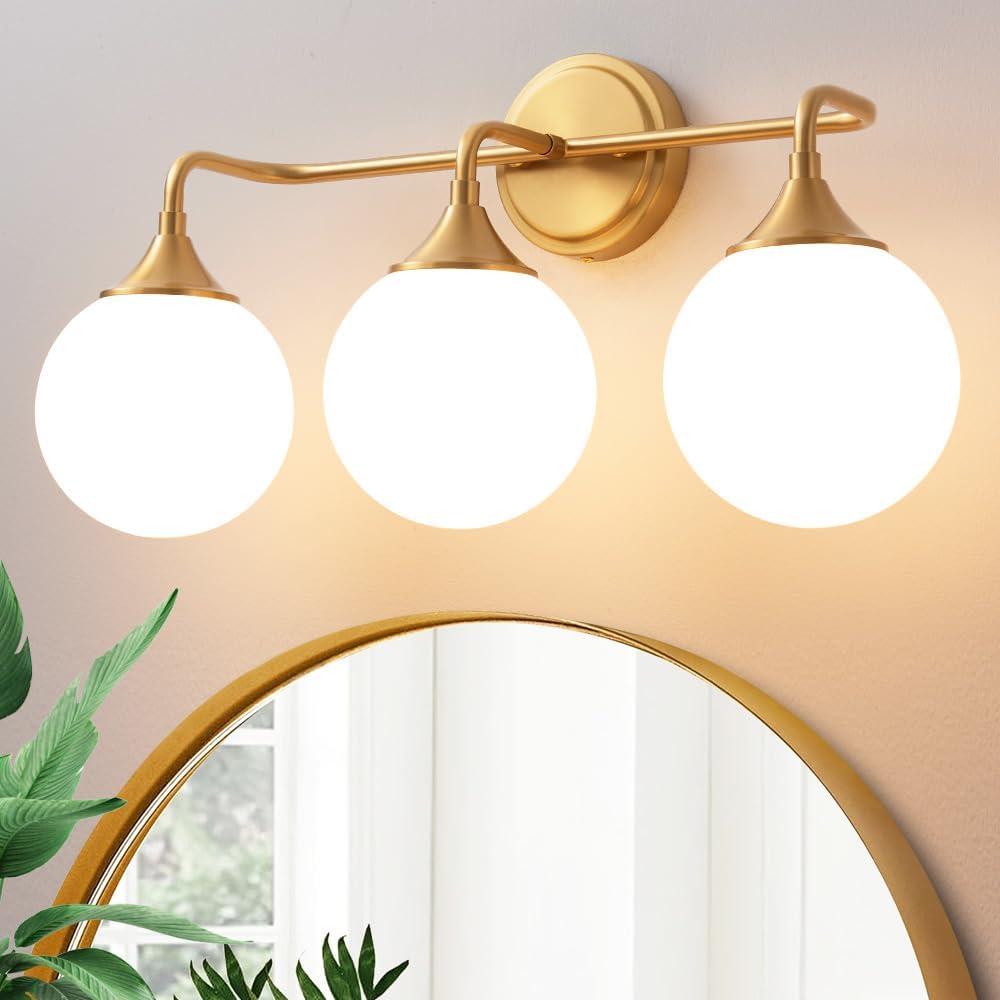 Gold 3-Light Mid-Century Modern Vanity Sconce with Frosted Glass Shades