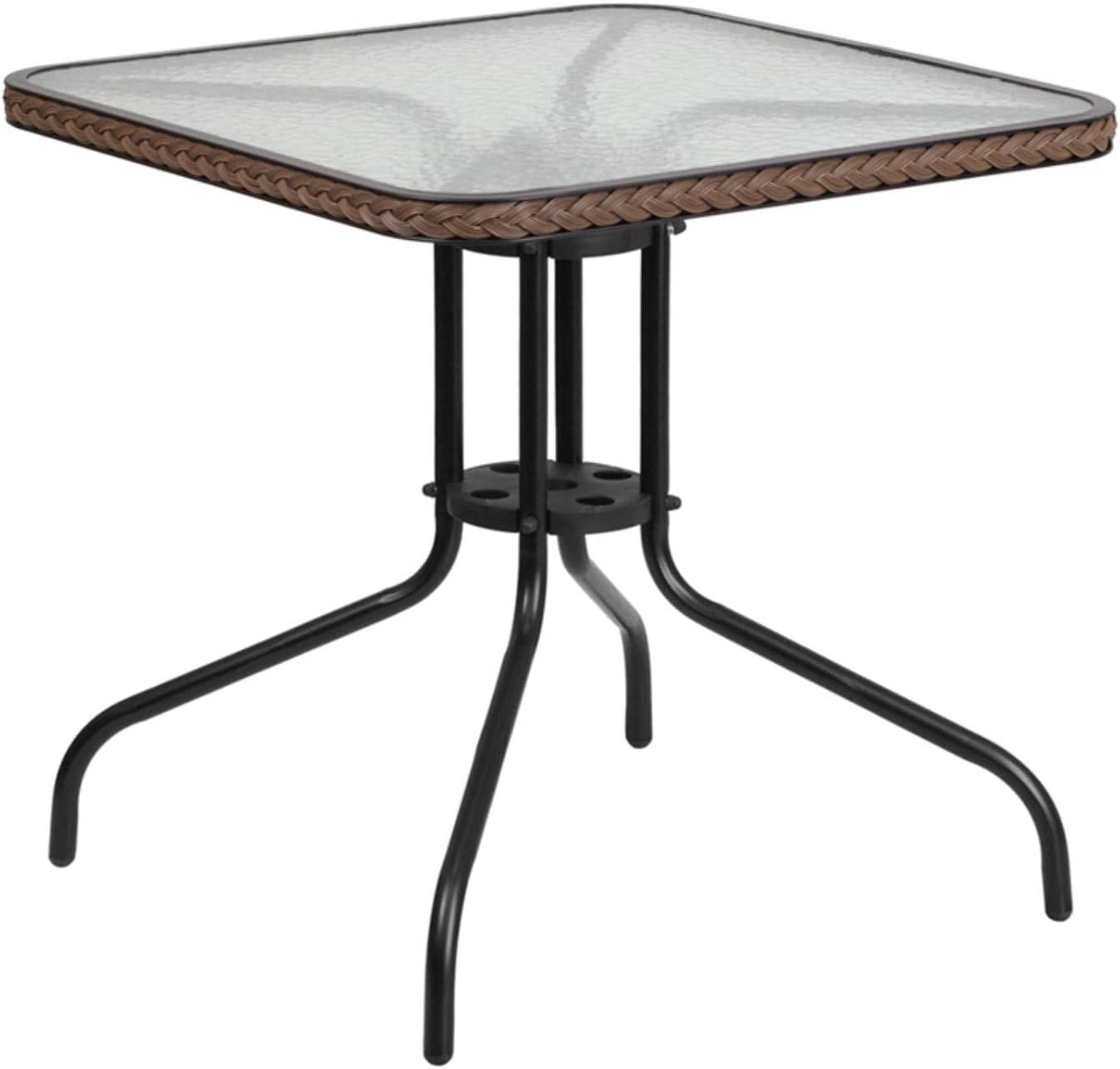 Flash Furniture 28'' Square Tempered Glass Metal Table with Dark Brown Rattan Edging