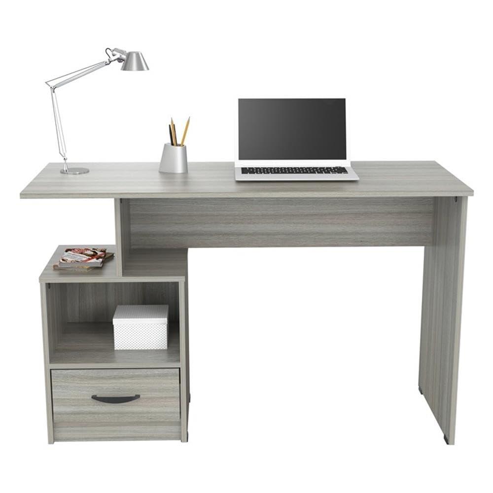 Inval Modern Writing Desk with Drawer and Open Storage, Smoke Oak