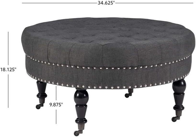 34.6" Isabelle Traditional Round Tufted Upholstered Wheeled Cocktail Ottoman Gray - Linon: Charcoal Linen, Silver Nailhead, Black Legs