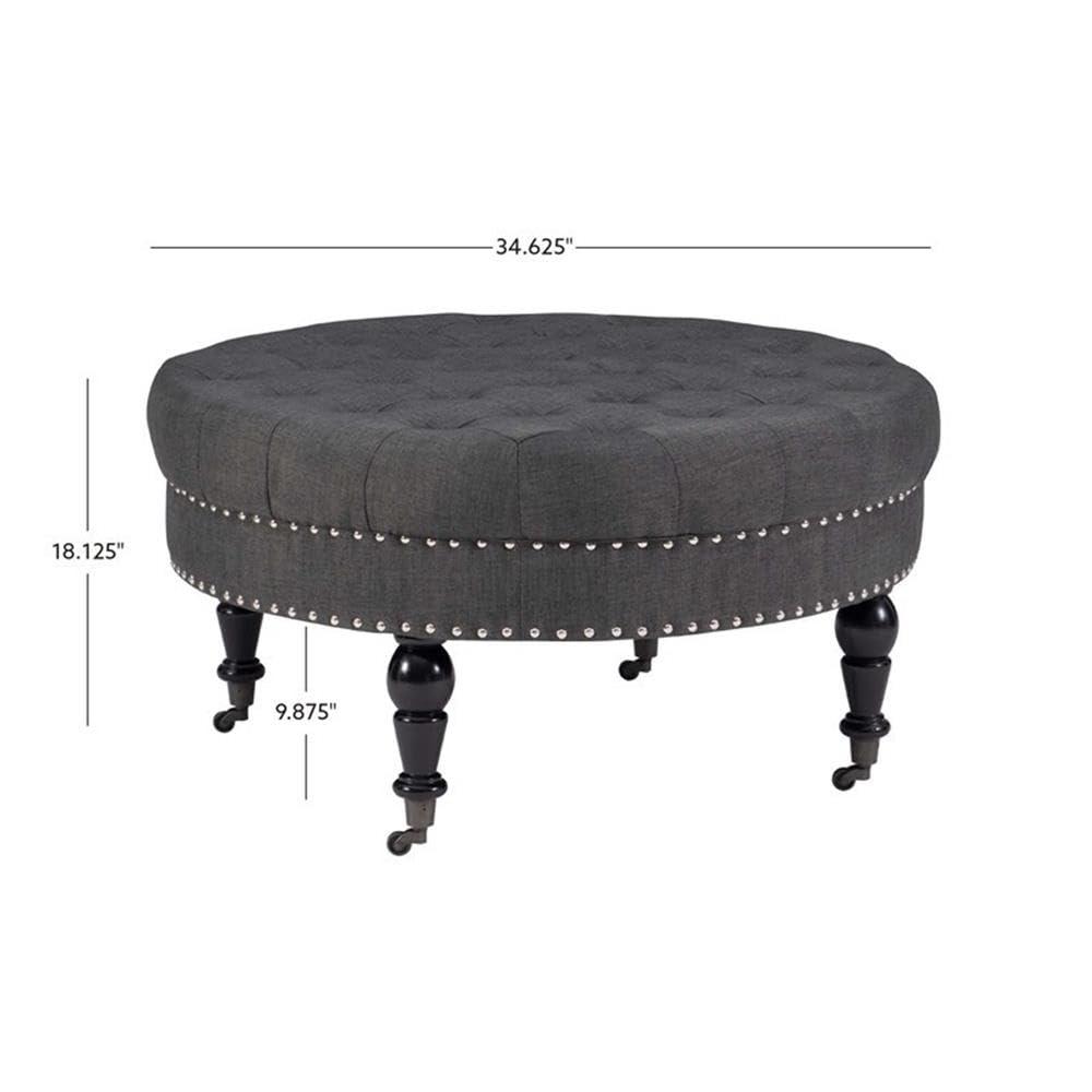 34.6" Isabelle Traditional Round Tufted Upholstered Wheeled Cocktail Ottoman Gray - Linon: Charcoal Linen, Silver Nailhead, Black Legs