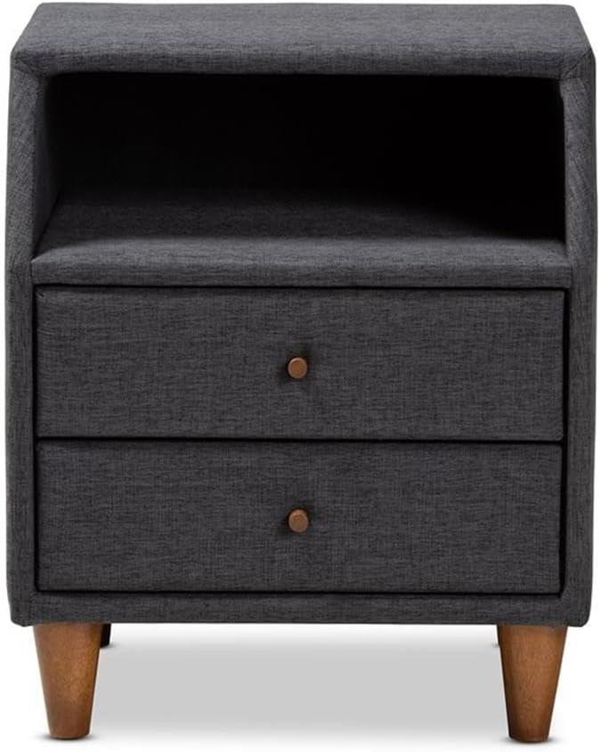 Baxton Studio Claverie Mid-Century Modern Charcoal Fabric Upholstered 2-Drawer Wood Nightstand