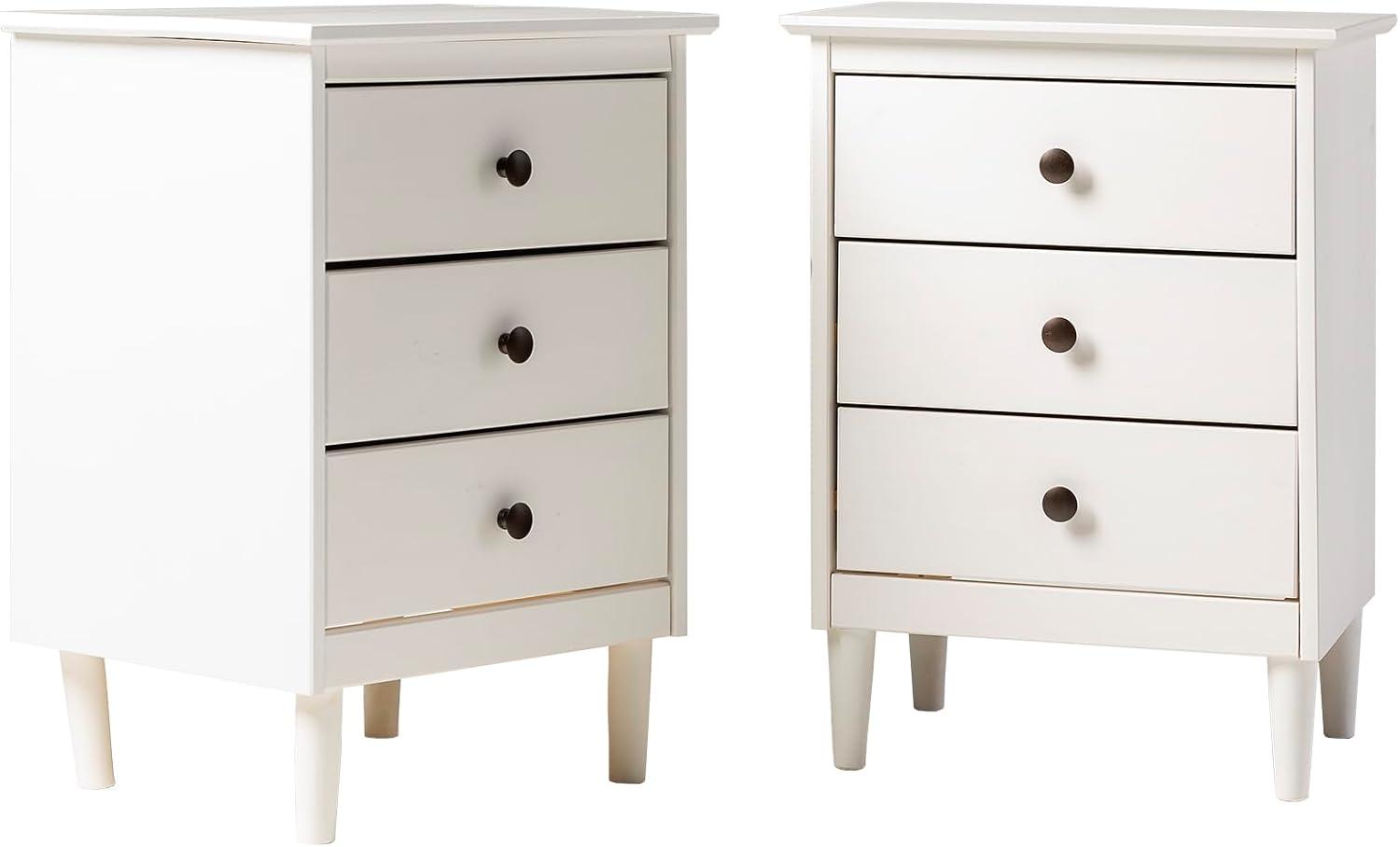 Mid-Century Solid Wood 3-Drawer Bedroom Nightstand in White (Set of 2)