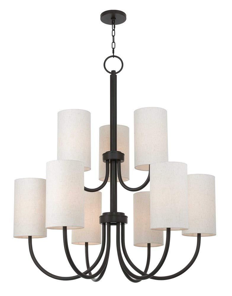 English Bronze 9-Light Drum Chandelier with Oatmeal Fabric Shade
