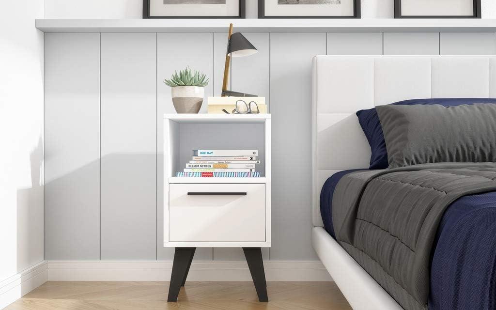 Amsterdam White Mid-Century Modern Nightstand with Open Shelf and Drawer