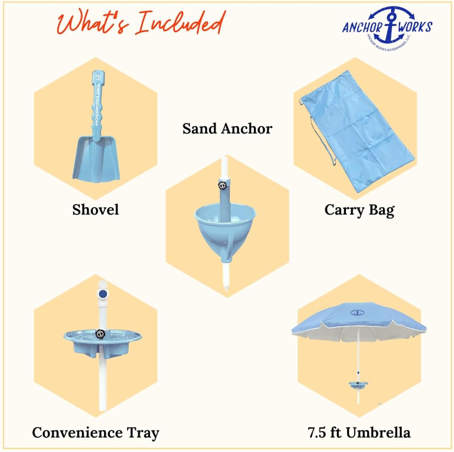 Anchor Works: Classic Beach Umbrella & AnchorONE Kit – Sky Blue - 7.5ft, Carry Bag, Sand Shovel & Drink Tray, UV-Protected, Outdoor Sun Canopy