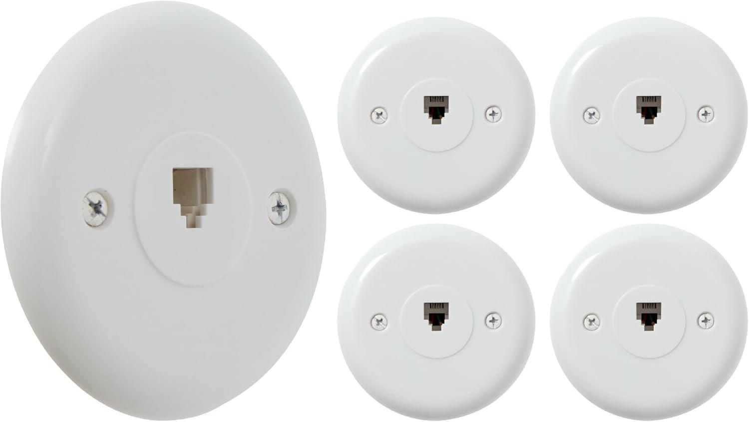 Newhouse Hardware 1-Port Round Telephone Jack Wall Plate, 6P4C, for RJ11 telephone cables, Single Gang, 5-Pack, White