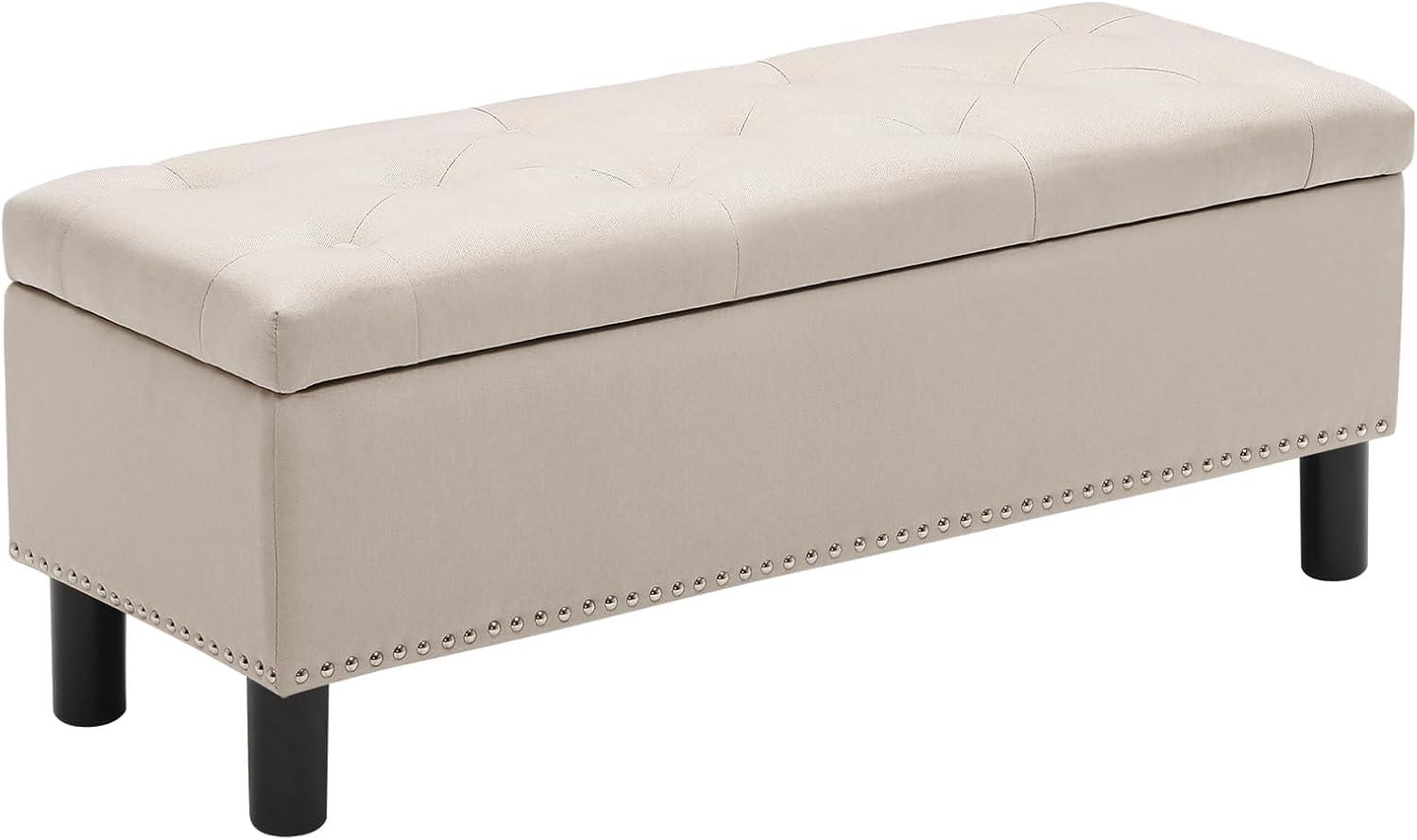 Yunwen Large Storage Ottoman, Beige, Wood Frame, Linen Fabric, 285 Lbs Capacity