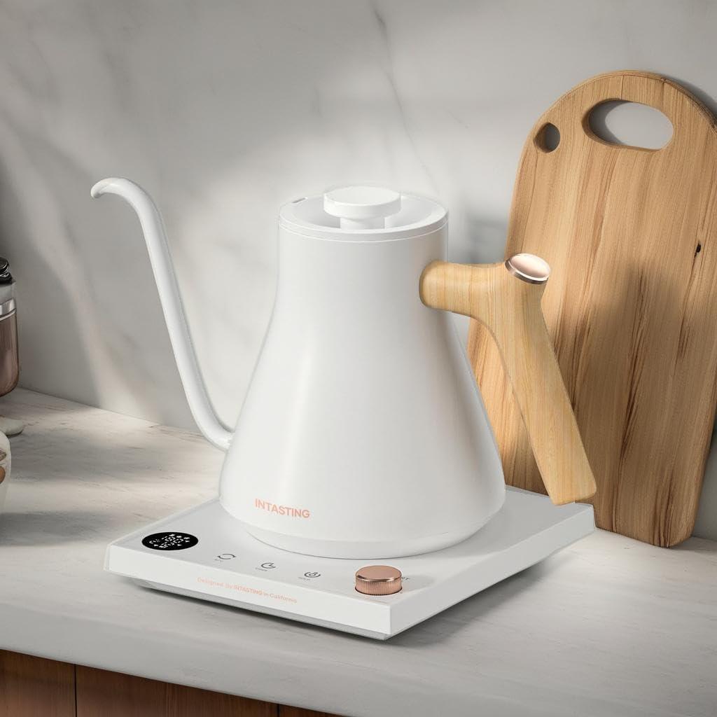 White Electric Gooseneck Kettle with Bamboo Handle and LCD Display