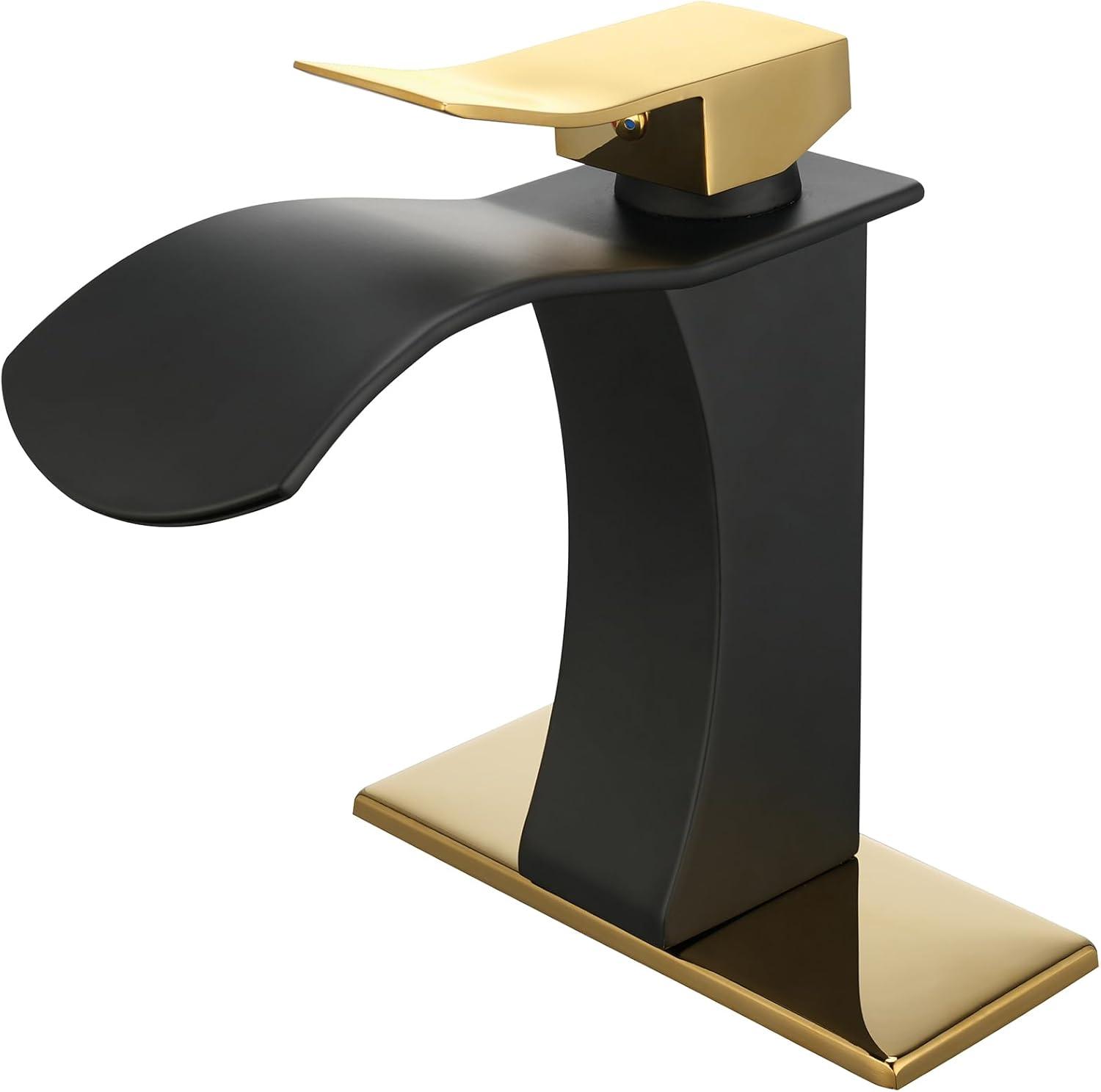 Wowow Waterfall Bathroom Faucet Gold and Black Faucet for Bathroom Sink Single Handle Mixer Tap Lavatory Vanity Faucet with Deck Plate, 1 or 3 Hole