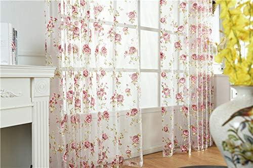 Rod Pocket Top Rose Floral Sheer Voile Curtain, Pink Flower Tulle Transparent Window Treatment for Living Room Bedroom Glass Door, 54 by 84 Inch Each,1 Set of 2 Panels …