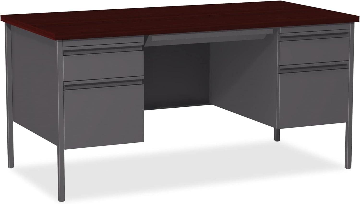 Charcoal Mahogany Executive Desk with Dual Pedestals and Drawer