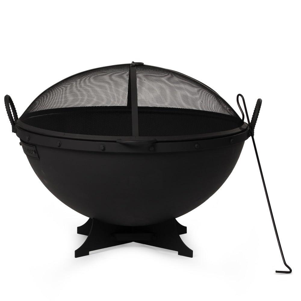 Ash & Ember 32" Hemisphere Fire Pit with Screen and Poker, Cast Iron High-Temperature Black Paint Fire Bowl, Wood Burning Backyard Fireplace, Portable Outdoor Firepit