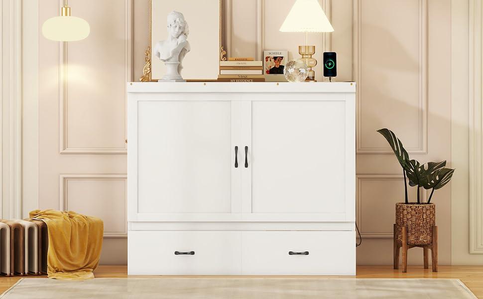 Harper & Bright Designs Full Size Murphy Bed with USB Port and a Large Drawer, Space-Saving Wall Bed for Multipurpose Guest Room or Home Office - White